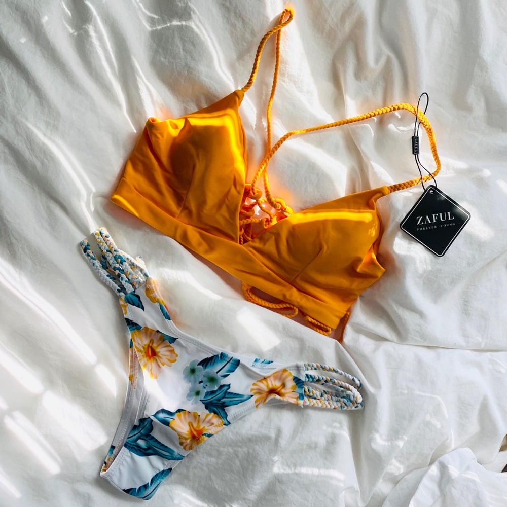 ZAFUL floral orange braided bikini set
